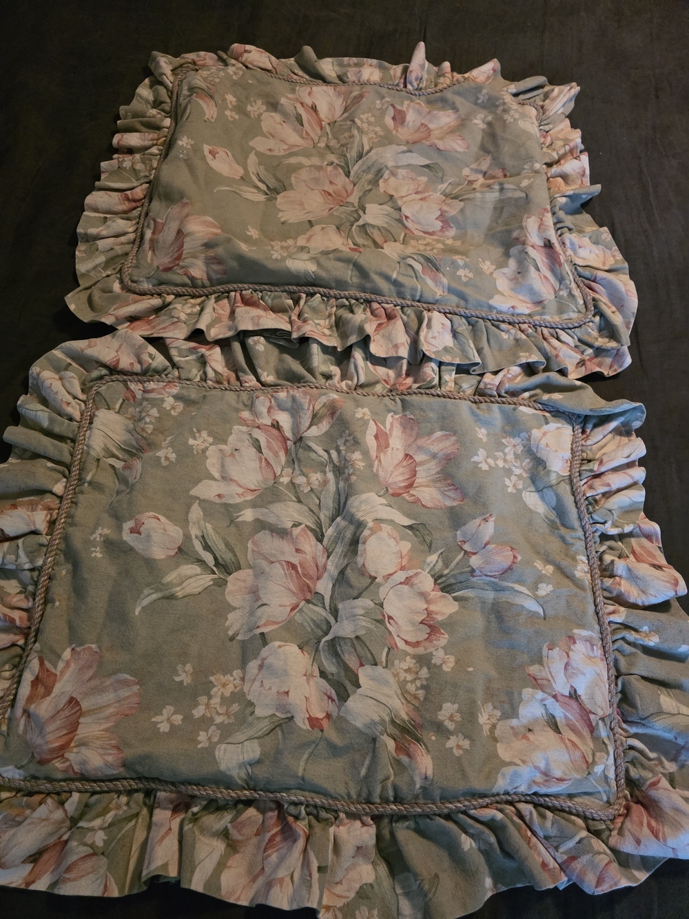 Floral Ruffled Pillow Shams in Sage with Pink Accents